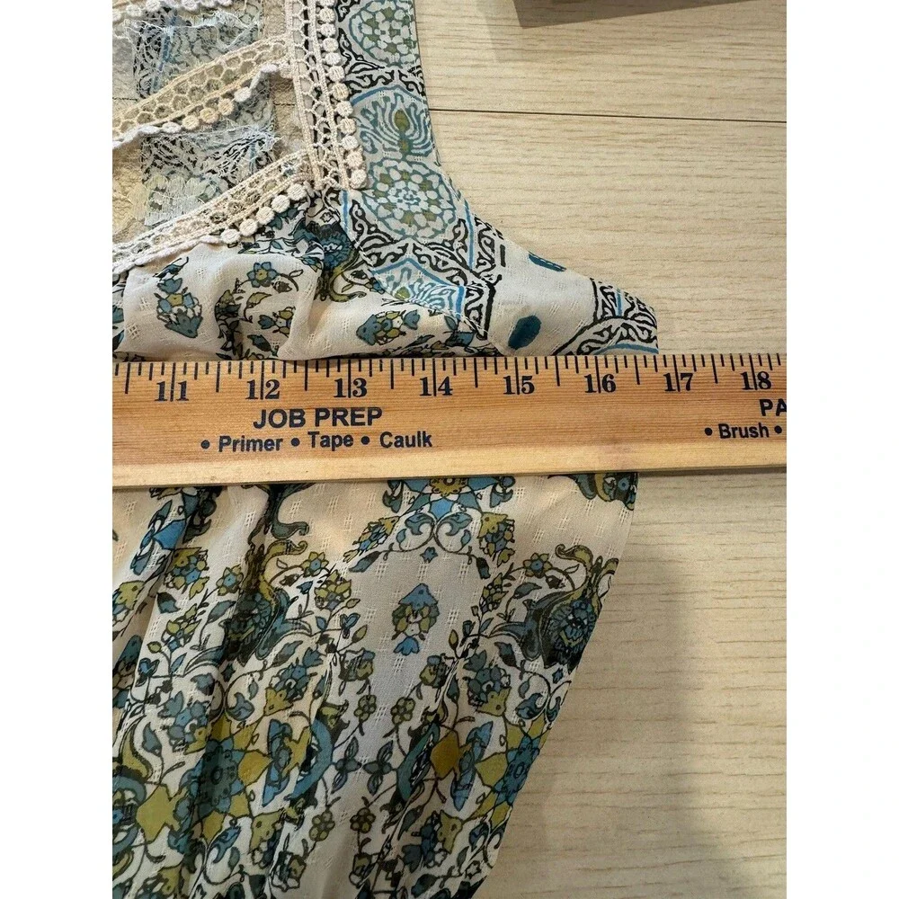 Free People  Green Teal Ivory Moroccan Printed Maxi Dress  Size 4 Cottage Core